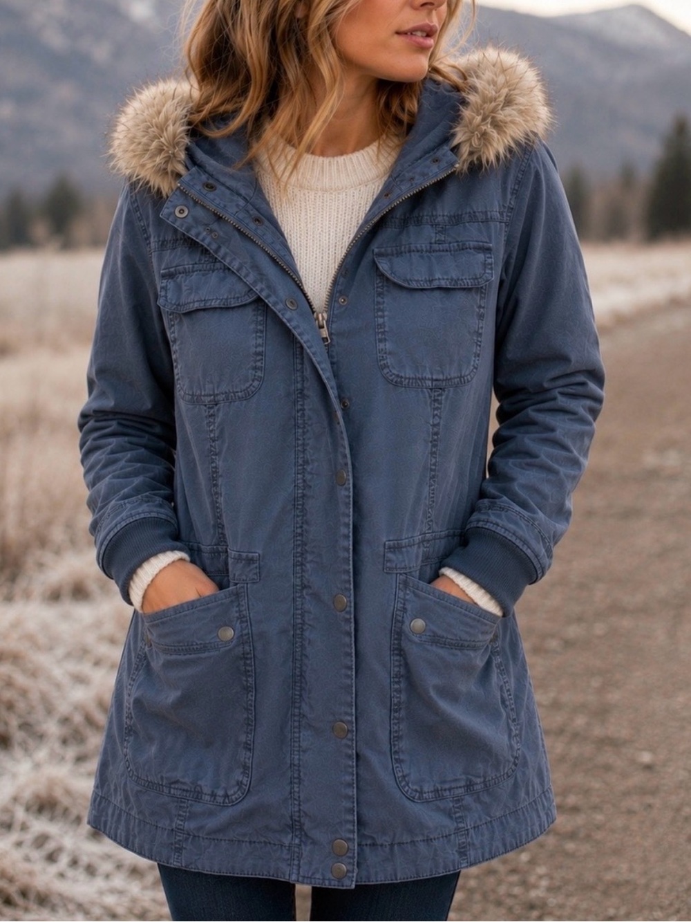 Halogen Women’s Slate Blue Utility Parka Faux Fur Hood Jacket Small
